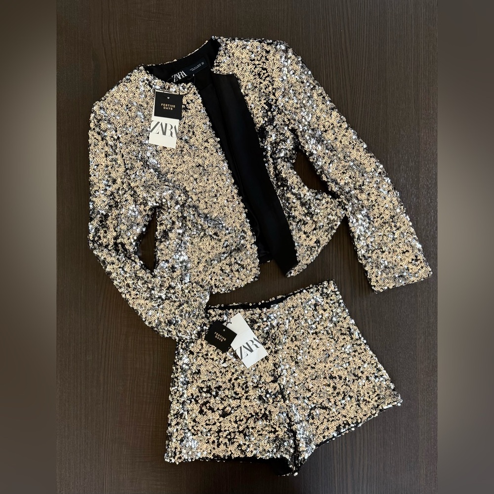 Zara Festive Sequin Jacket and Shorts in Silver and Black - Picture 5 of 16